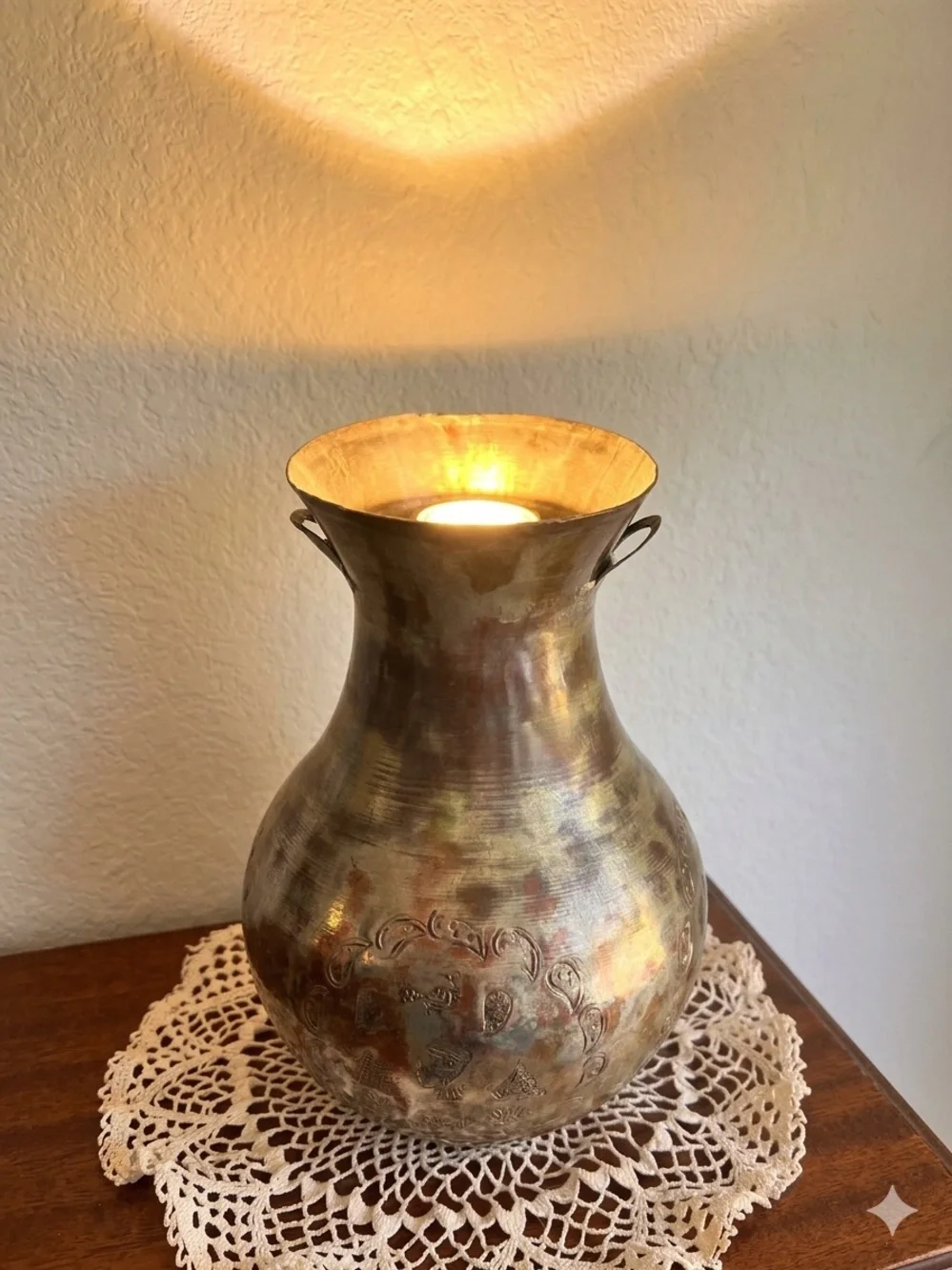 Egyptian Cairoware Embossed Tin-Washed Hammered Copper Vase Pharaoh Nefertiti